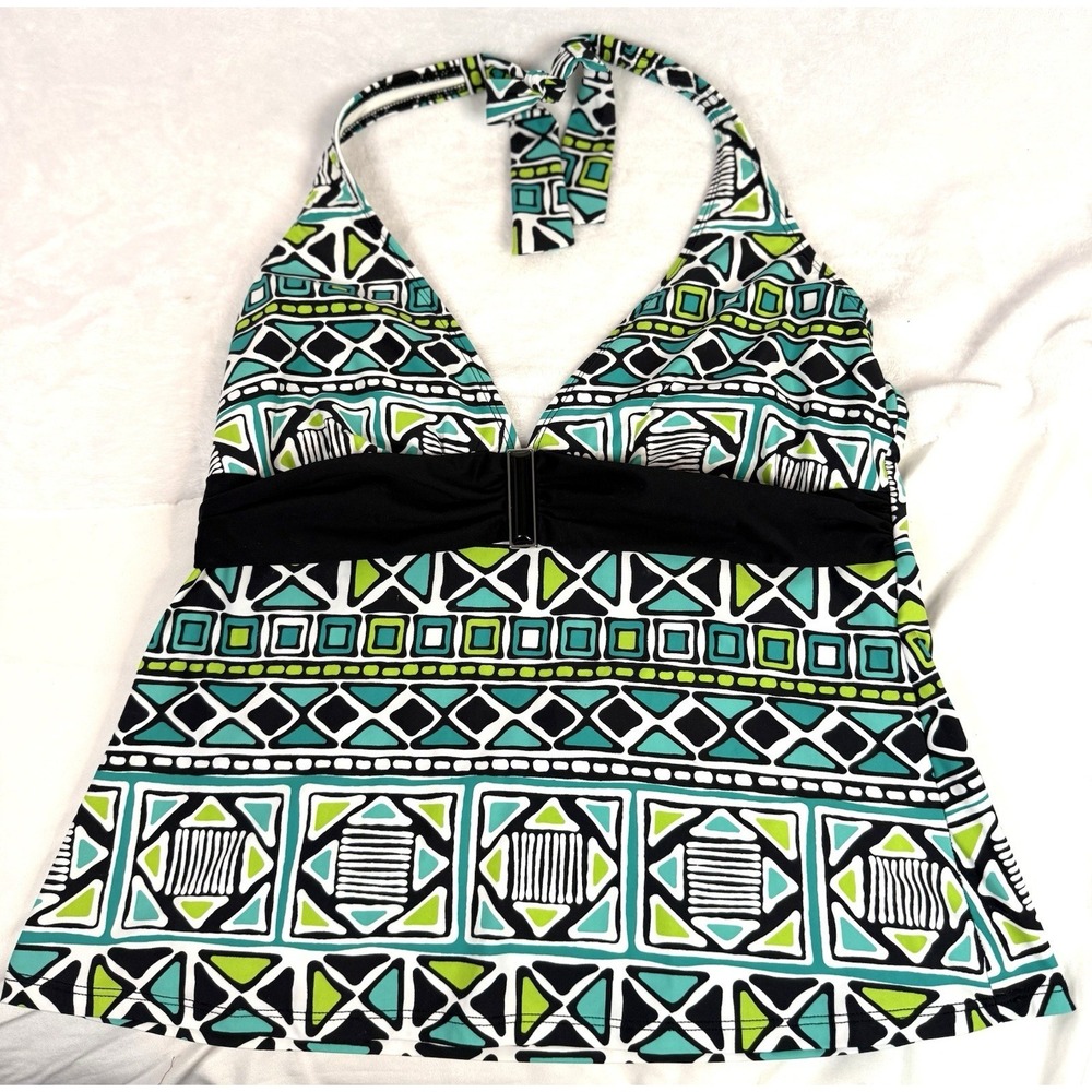 2Bamboo Tankini Top XL 38B/C Geo Print Halter Blue Green Swim Resort Vacation